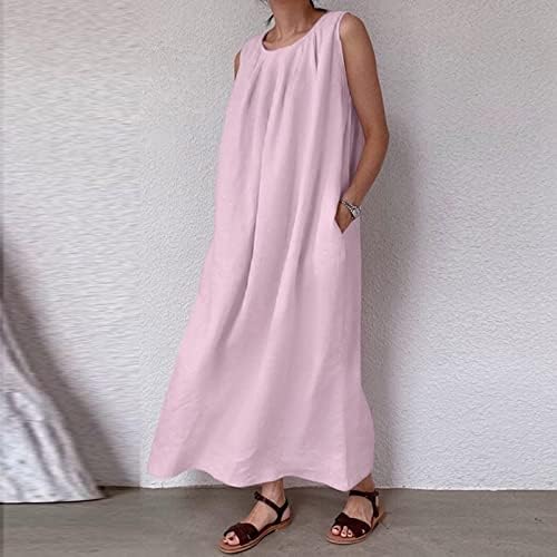 Vestido de linho de algodão Panoegsn para mulheres, verão casual de vestido de verão, vestido comprido solto vestido de praia sem mangas