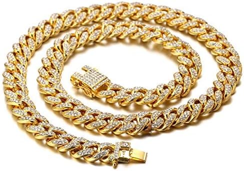 Cadeia de ligação cubana de diamante halukaka para mulheres e meninas - 13,5 mm, colar e pulseira de ouro/ouro rosa/rosa de