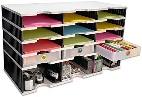 Organizador de desktop 12 Carteiras Classificador de letras Plus Riser Base de armazenamento e 3 gavetas de fornecimento - Ultimate Office TierDrop Desktop Organizer armazena todos os seus documentos e suprimentos em um sistema modular compacto