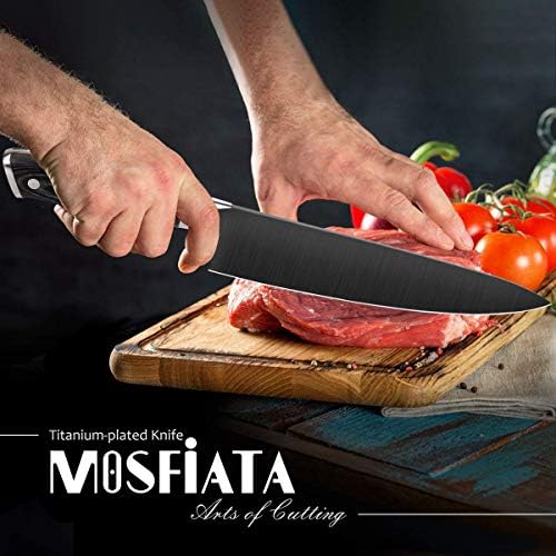 Mosfiata 8 ”Super Sharp Titanium Plated Chef's Knife With Finger Guard e Sharpner Knife na caixa de presente, aço