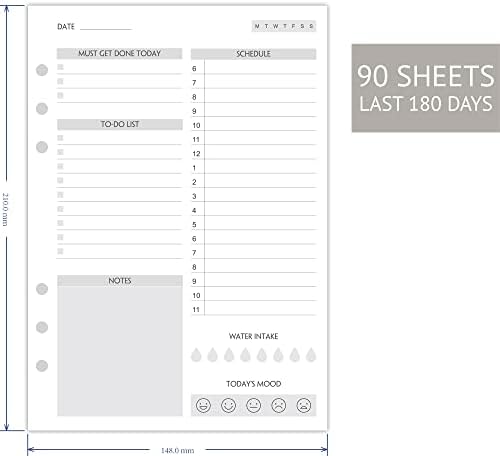 A5 para fazer o papel de recarga da lista, cronograma diário sem data, prioridades diárias, notas e rastreador de água, socos de