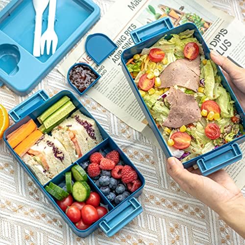 Holee Bento Lancheira 2000ml All-in-One empilhável Bento Lunch Box Container inclui 2 recipientes empilháveis, utensílios de plástico embutidos e copo de molho