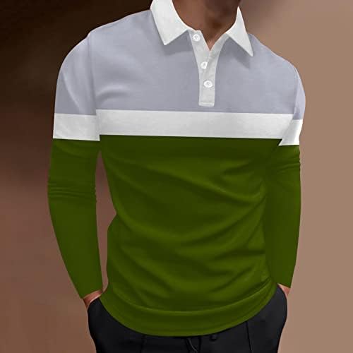Camisas de pólo masculinas, mola de manga longa da primavera listrada Botão de retalhos de retalhos de gola golfe tampos musculares