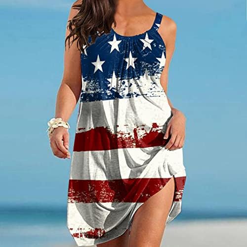 Vestidos de praia de 4 de julho para mulheres de verão casual vestido boêmio EUA bandeira mangas scoop pescoço flowy mini vestido