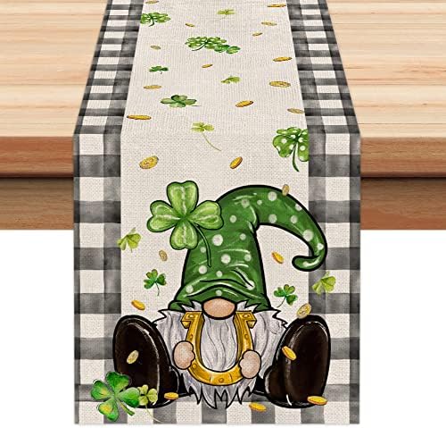 Arkeny St Patricks Dia Lucky Green Shamrock Table Runner 72 polegadas, Decoração de férias sazonal da primavera Gnome Gold para mesa de jantar Decoração de mesa de fazenda em casa interna AT388
