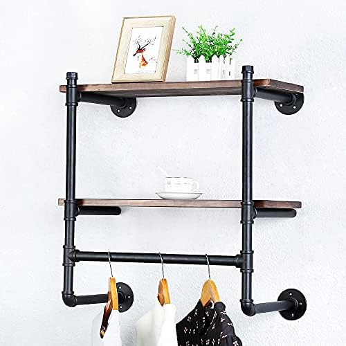 Jianzhuo Industrial Pipe Cloth Rack parede montado com prateleira de madeira, panos de pano de extração de peças de vestuário