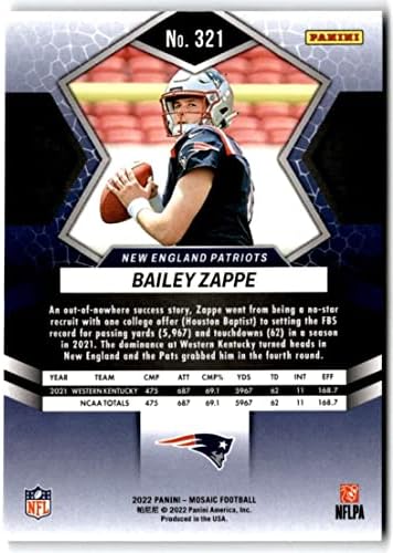 2022 Panini Mosaic 321 Bailey Zappe RC Rookie New England Patriots NFL Football Trading Card