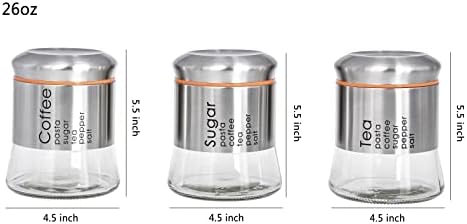 3pcs escovados aço inoxidável Capa de vidro Caixa de vidro Defina frascos de armazenamento de alimentos com tampas para o café da cozinha, açúcar e chá