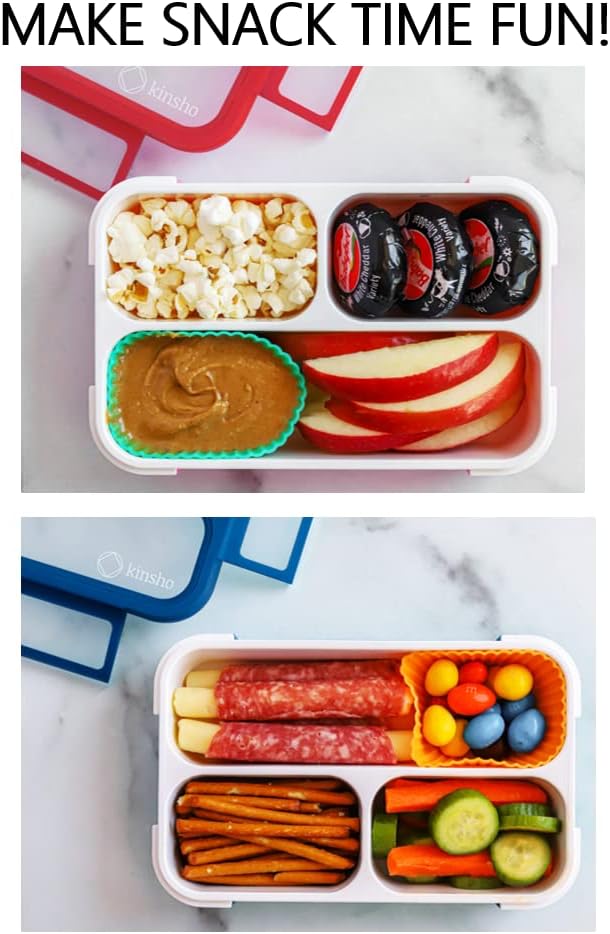 Recipientes para lanches Kinsho - Lunhana pequena de Bento para crianças meninos meninos crianças | Mini caixas à prova de vazamentos, BentoBox para viagens escolares de creche, contêineres de porção, 2 pacote, azul marinho vermelho