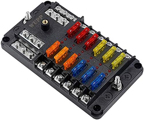 Bloco de fusíveis de Wupp 12 Volt, Fusível de barco marítimo Bloco Caixa de fusível automotiva de 12 vias com 12 barramento negativo [100 amp max] [ATC/ATO Fuses] [Indicador de LED] para carrinho de golfe de caminhão de carro