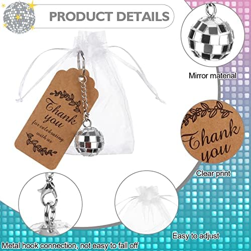 UJUUU 150 PCS Mirror Disco Ball Keychain com tags de agradecimento e sacos de organza Mini Disco Ball Keychain 70s