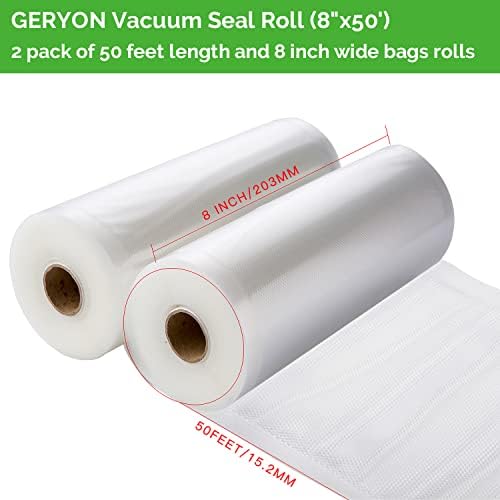 Geryon Vacuum Sealer Rolls, 2 pacotes de 8 x 50 'de alimentos Sacos de selador de vácuo para o trabalho de preservação de alimentos com toda a máquina de vedação de comida Geryon