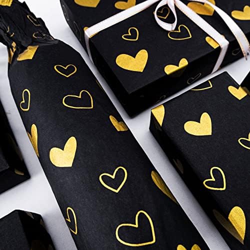 Sr. Cinco Grande Tamanho Black Gold Heart Tissue Papel Bulk, 20 x 28, papel de seda de design de coração de ouro preto para