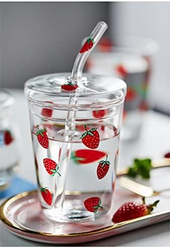DNATS caneca de vidro de morango com copo de palha com tampa alta de água de água com copo de água de leite de leite
