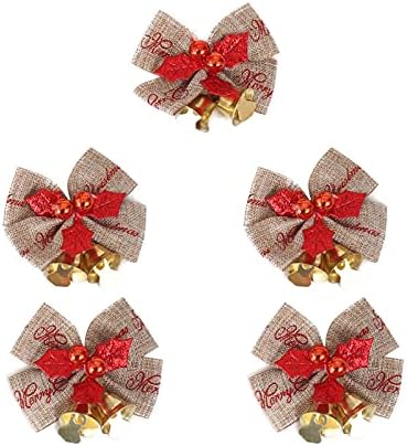 Curfair Christmas Ornamentos, Natal Celebre decoração, caixas de festa, 5pcs Bowknot Pinging Classic Golden Bell Flax Xmas Wreaths