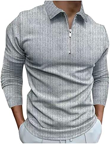 Wocachi Zipper Camisetas Polo para homens, Músculo listrado de queda de manga comprida camiseta zíper de negócios