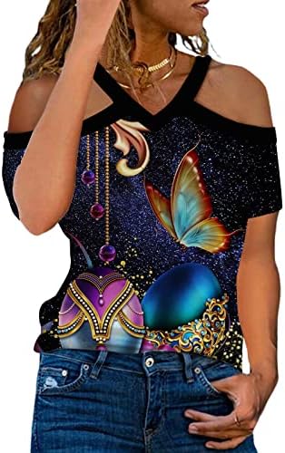 Blusa gráfica de borboleta para menina adolescente de manga curta fora do ombro Vneck backless halter tops casuais tshirts femininos