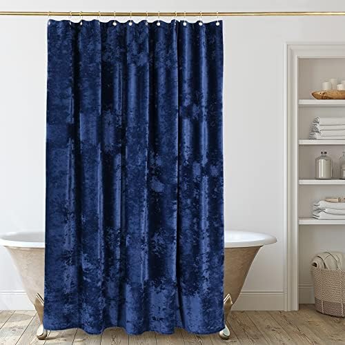 Cortina de chuveiro de veludo esmagada Tamgho, cortina de chuveiro azul marinho para banheiro, cortina de chuveiro de luxo com ganchos