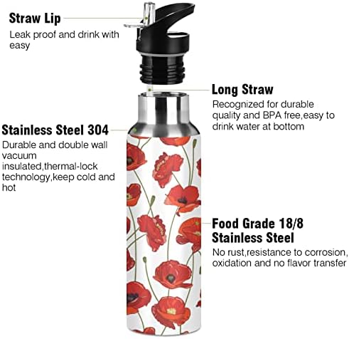 Garrafa de água Poppies Alaza Red com palha com palha de palha isolada de aço inoxidável Thermo Flask Garrafa de água 32oz