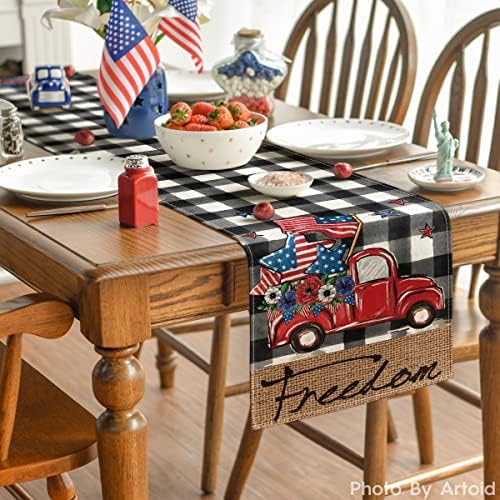 Modo Artóide Buffalo Plaid Truck Freedom 4 de julho Patriótico Memorial Day Table Runner, Independence Day Holiday Kitchen Dining Table Decor para decoração de festa em casa ao ar livre em casa 13 x 72 polegadas