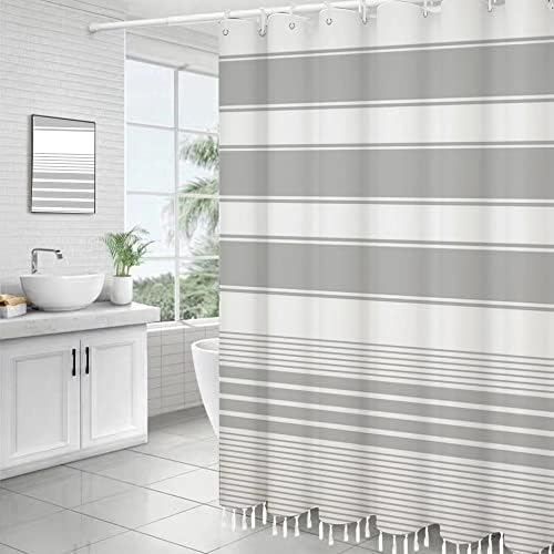 Livucee 72 X72 Farmhouse Classic Classic Chuvent Curtain Conjunto de cortinas cinza e branco com borlas para decorações de banheiro