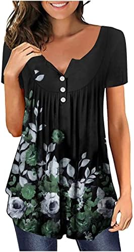 Blusa de algodão feminina Manga curta Tripulação Botão de pescoço para cima Flor Graphic Pleated Blouse camisa para mulheres L7