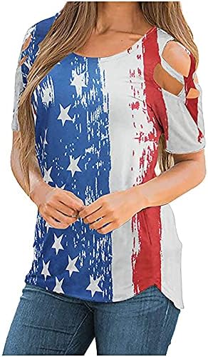 T-shirt de bandeira americana feminina 4 de julho Tee Tops Crewneck Cutout Bloups de manga curta 2023 camisas de moda