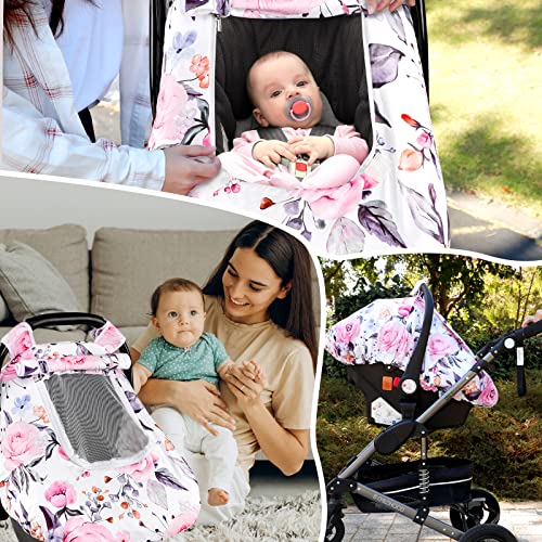 Tampas de assento de carro floral e bancos de bebê e tampas de suporte da cabeça do assento infantil, dupla camada, tecido super macio e minky e ponto