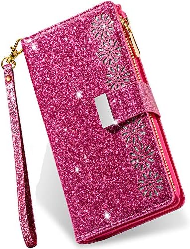 Kudex Compatível com a carteira do iPhone 14 Plus Case, Glitter Folio Flip Leather Magnetic Zipper Case com [9 titulares