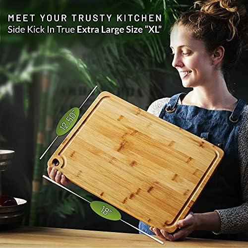 Cookgen Extra grande placa de corte de bambu para cozinha, tamanho | XL, Recursos: Placa de charcutaria grande do lado duplo, ranhura de suco, amigável de facas, alças embutidas, tábua grande para carne