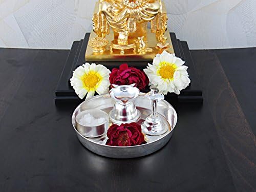 Goldgiftideas de 5 polegadas prateado pooja thali conjunto combo, prato decorativo de pooja thali, presente de retorno para casamento