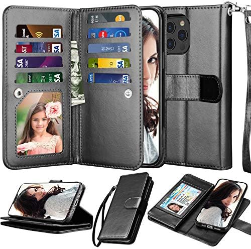 NJJEX Compatível com iPhone 12 Pro Max Case/iPhone 12 Pro Max Wallet Case 6.7 , [9 slots de cartas] PU CARTO CARTO FOLIO FOLIO [destacável] Kickstand cordão da capa de telefone magnético [preto]