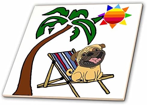 3drose cão pug engraçado na cadeira de praia e sol e palmeira - azulejos