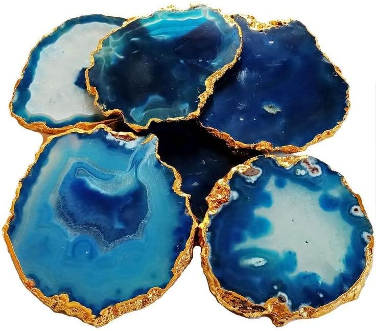 Coasteres azuis de ágata natural - Coaster de chá - Conjunto de 4 montanhas -russas - Acessórios de mesa perfeitos - Coasters de bebidas - Gold Eletroplated by Orgonyite Shop
