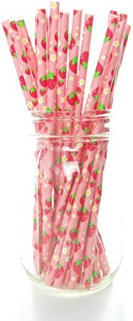 Strawberry Party Straws - Ótimo para suprimentos de festa de aniversário de morango, suprimentos para festas de verão para churrasco, canudos de papel de morangos rosa, festa doce de berry