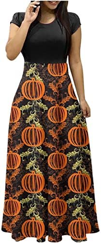 Vestido de halloween para mulheres mangas curtas maxi vestidos de abóbora traje estampa alta na cintura redonda trajes casuais