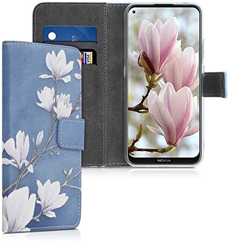 Caixa da carteira Kwmobile Compatível com Nokia 3.4 - Case Cover de couro Faux - Magnolias taupe/branco/azul cinza