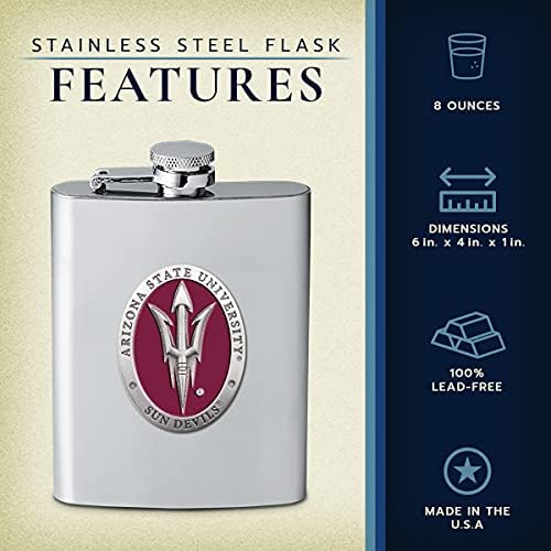 Heritage Pewter Arizona State Flask | Recipiente de frasco de licor de 8 onças - aço inoxidável | Metal de metal intricadamente criado embutido Alma Mater