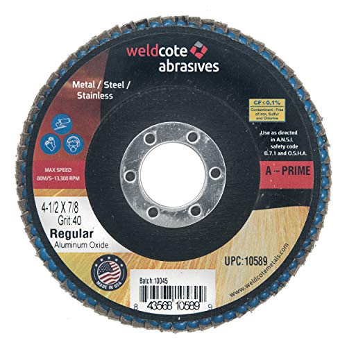 Weldcote 4-1/2 x 7/8 A-Prime Premium Aluminium Oxide Flap Discs, Grit-40g, tipo comprimido, fabricado nos EUA, caixa de 10