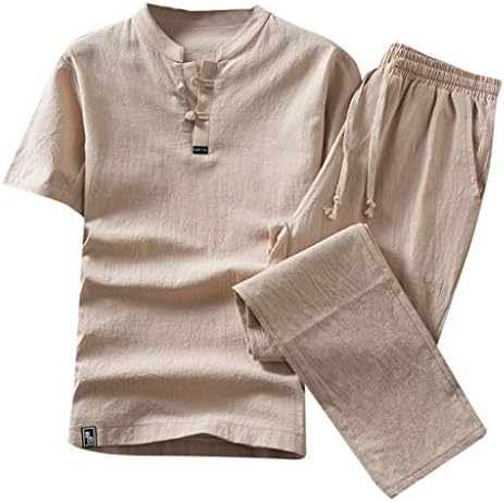 Roupa de tracksuit sólido casual masculino de linho de algodão conjuntos de linho de algodão Camisa de manga curta