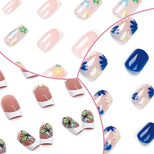 ArtQuee 3 pacotes Pressione as unhas quadradas curtas desenhos de unhas falsas de acrílico unhas falsas unhas artificiais bastão de tampa completa em unhas com dicas de arquivo de unhas de vidro para mulheres e meninas 72pcs