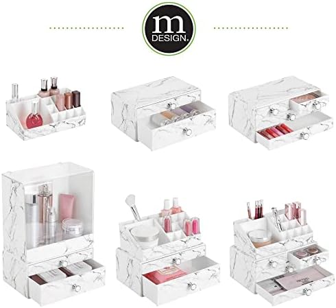 Mdesign Decorativo empilhável Maquiagem de maquiagem para vaidade do banheiro, bancada, armário - armazenamento cosmético fácil de acesso, unidade de 2 gavetas e caixa de lixeira alta com tampa - conjunto de 2 - mármore