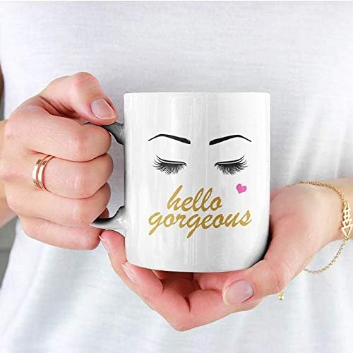 GTR Source Hello Gorgeous - Coffee & Tea Mug - Caneca de cerâmica - Presentes femininos - Aparecedores e cílios Design - Presentes de maquiagem - Microondas e lavadora de louça seguras - segura até 11oz corp.
