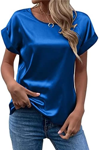 Blusas e tops femininos elegantes elegante e elegante pescoço redondo rolo de manga curta cetim blusa de seda tops