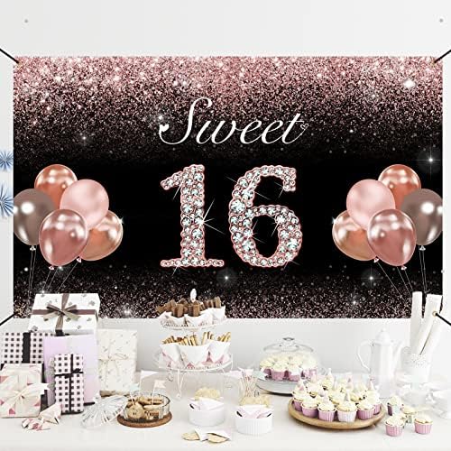 Vlipoeasn Doce de 16 decorações de aniversário para meninas, Feliz Bancário de 16º Aniversário, Rose Gold Gold Sweet 16 Birthday