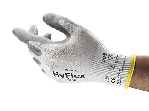 Ansell Hyflex 11-800 Luva de nylon, revestimento de nitrila de espuma cinza, manguito de pulso, grande, tamanho 9