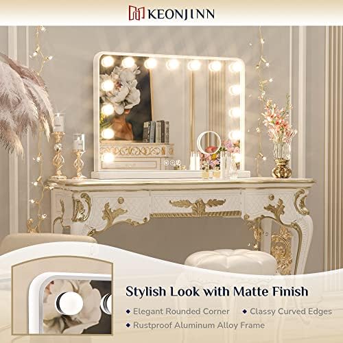 Keonjinn espelho de vaidade grande com luzes, 15 lâmpadas substituíveis espelho de maquiagem de hollywood com 2 lâmpadas de substituição, luzes de 3 cores, moldura de metal de alumínio, porta de carregamento USB, 23 x 18 espelho iluminado branco