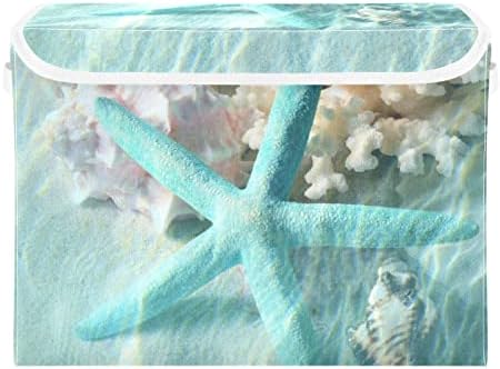 Innwgogo Sea Shell Starfish Storage Bins com tampas para organizar o cubo de cubo com alças Oxford Ploth Storage Cube Box para