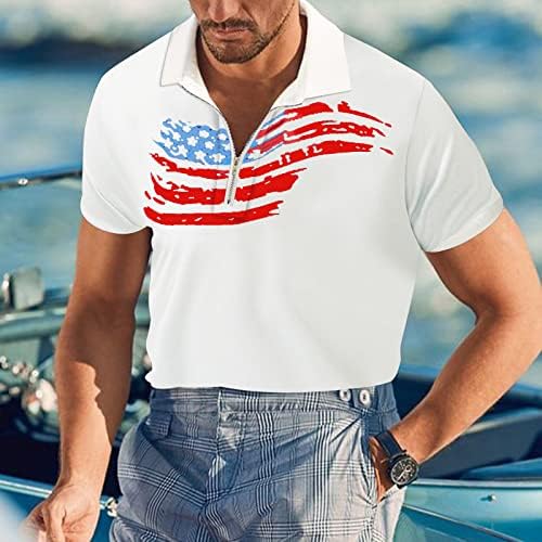 HDDK Mens Polo Polo Camisetas Zíper Summer Summer Sleeve Golf Tops 4 de julho American Flag Work Casual Casual