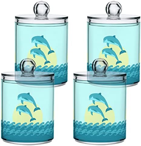 Yyzzh Dolphin casal pulando ondas de oceano marinho azul e dispensador de suporte QTIP de 4 pacote para algodão Floss Round Pads Floss 10 oz Conjunto de Jar
